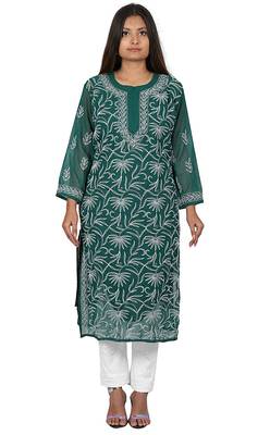Lavangi Lucknow Chikankari Tepchi Work Chiffon Kurti (Bottle Green) 1