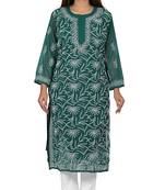 Lavangi Lucknow Chikankari Tepchi Work Chiffon Kurti (Bottle Green)