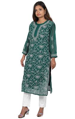 Lavangi Lucknow Chikankari Tepchi Work Chiffon Kurti (Bottle Green) 2