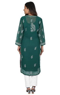 Lavangi Lucknow Chikankari Tepchi Work Chiffon Kurti (Bottle Green) 3