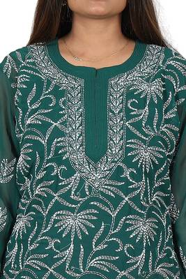 Lavangi Lucknow Chikankari Tepchi Work Chiffon Kurti (Bottle Green) 4