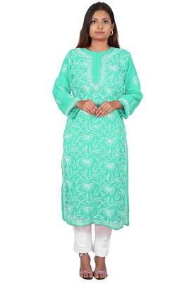 Lavangi Lucknow Chikankari Tepchi Work Chiffon Kurti (Sea Green) 2