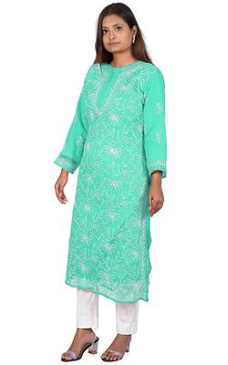 Lavangi Lucknow Chikankari Tepchi Work Chiffon Kurti (Sea Green) 3