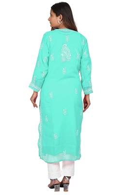 Lavangi Lucknow Chikankari Tepchi Work Chiffon Kurti (Sea Green) 4