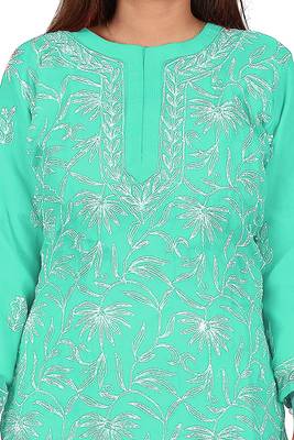 Lavangi Lucknow Chikankari Tepchi Work Chiffon Kurti (Sea Green) 5