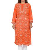 Lavangi Lucknow Chikankari Tepchi Work Chiffon Kurti (Orange)