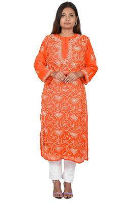 Lavangi Lucknow Chikankari Tepchi Work Chiffon Kurti (Orange) 2