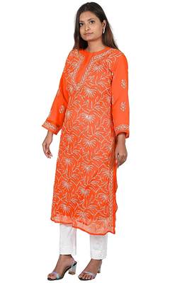 Lavangi Lucknow Chikankari Tepchi Work Chiffon Kurti (Orange) 3