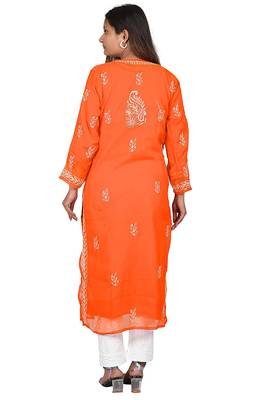 Lavangi Lucknow Chikankari Tepchi Work Chiffon Kurti (Orange) 4