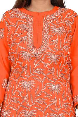 Lavangi Lucknow Chikankari Tepchi Work Chiffon Kurti (Orange) 5