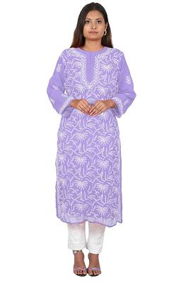 Lavangi Lucknow Chikankari Tepchi Work Chiffon Kurti (Mauve) 2