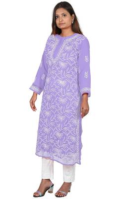 Lavangi Lucknow Chikankari Tepchi Work Chiffon Kurti (Mauve) 3