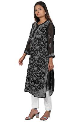 Lavangi Lucknow Chikankari Tepchi Work Chiffon Kurti (Black) 2
