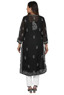 Lavangi Lucknow Chikankari Tepchi Work Chiffon Kurti (Black) 3
