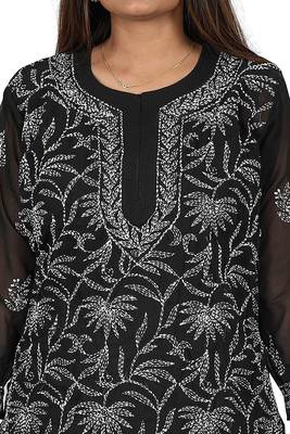 Lavangi Lucknow Chikankari Tepchi Work Chiffon Kurti (Black) 4