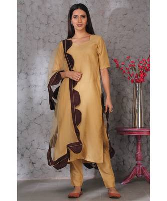 Light Brown Art Silk Kurta set Paired with Scalloup Duppatta 1