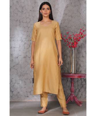 Light Brown Art Silk Kurta set Paired with Scalloup Duppatta 4