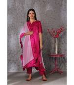 Pink art silk kurta set paired with scalloup duppatta