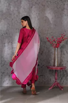 Pink art silk kurta set paired with scalloup duppatta