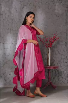 Pink art silk kurta set paired with scalloup duppatta