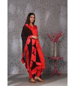 Red art silk kurta set paired with scalloup duppatta
