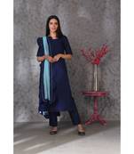 Blue art silk kurta set paired with scalloup duppatta