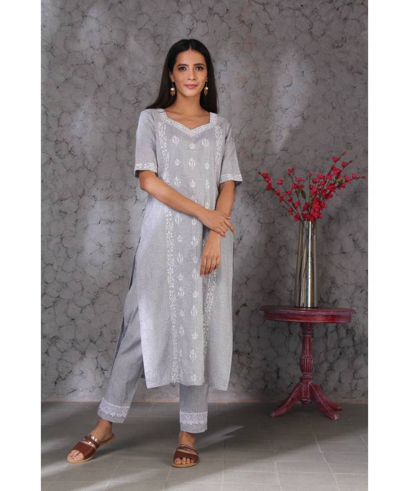 Chikankari Handloom Light Grey Kurta set With Duppatta emblished with