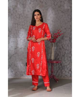 Chikankari Red art silk kurti set 1