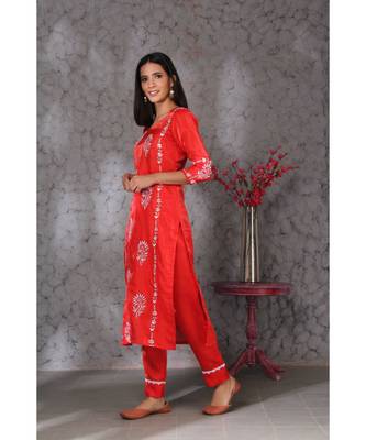 Chikankari Red art silk kurti set 2