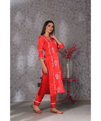 Chikankari Red art silk kurti set 3