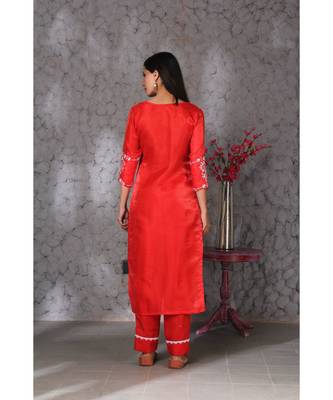 Chikankari Red art silk kurti set 4