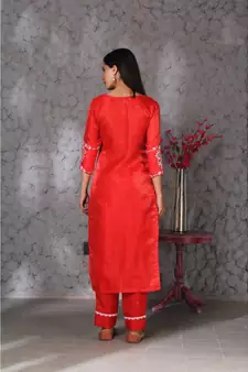 Chikankari Red art silk kurti set