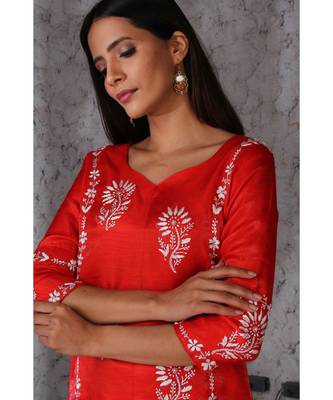 Chikankari Red art silk kurti set 5