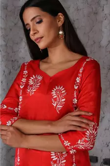 Chikankari Red art silk kurti set