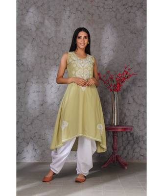 Chikankari olive green  sleevless a line kurti with dhoti set 1