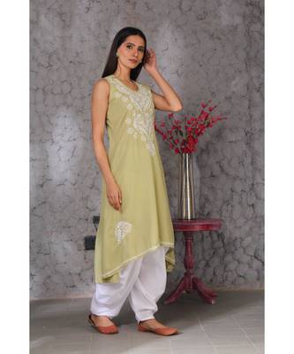 Chikankari olive green  sleevless a line kurti with dhoti set 2