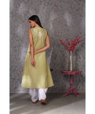 Chikankari olive green  sleevless a line kurti with dhoti set 3