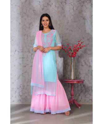 Chikankari LIGHT BLUE kurti pink garara set with pink Duppatta emblished with laces 1