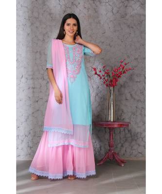 Chikankari LIGHT BLUE kurti pink garara set with pink Duppatta emblished with laces 2