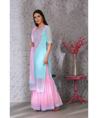 Chikankari LIGHT BLUE kurti pink garara set with pink Duppatta emblished with laces 3