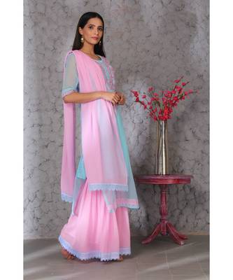 Chikankari LIGHT BLUE kurti pink garara set with pink Duppatta emblished with laces 4