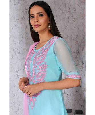 Chikankari LIGHT BLUE kurti pink garara set with pink Duppatta emblished with laces 5