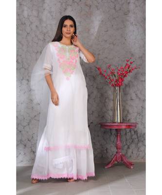 Chikankari white Kota kurta garara set with duppatta emblished with laces 1