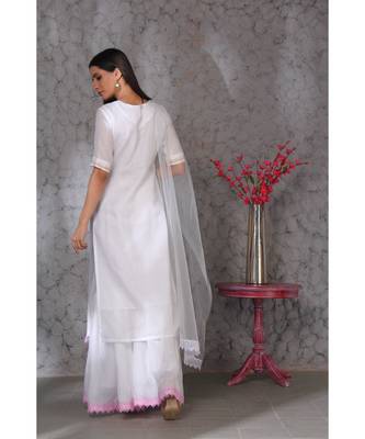 Chikankari white Kota kurta garara set with duppatta emblished with laces 3
