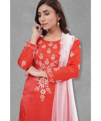 Chikankari Red art silk kurti set paired with white bottom and white duppatta 1