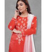 Chikankari Red art silk kurti set paired with white bottom and white duppatta