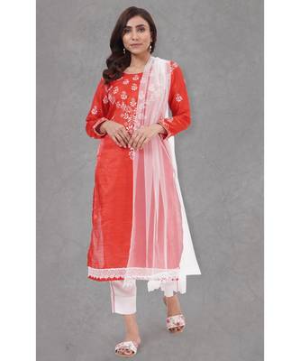 Chikankari Red art silk kurti set paired with white bottom and white duppatta 2