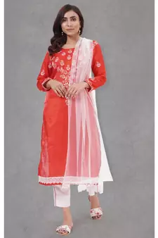 Chikankari Red art silk kurti set paired with white bottom and white duppatta