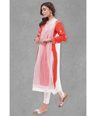 Chikankari Red art silk kurti set paired with white bottom and white duppatta 3