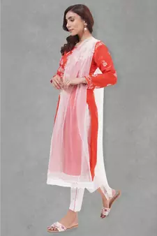 Chikankari Red art silk kurti set paired with white bottom and white duppatta